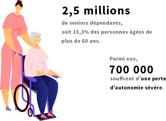 2,5 millions de seniors dépendants, soit 15.3% des personnes âgées de plus de 60 ans. Parmi-eux, 700000 souffrent d'une perte d'autonomie sévère.